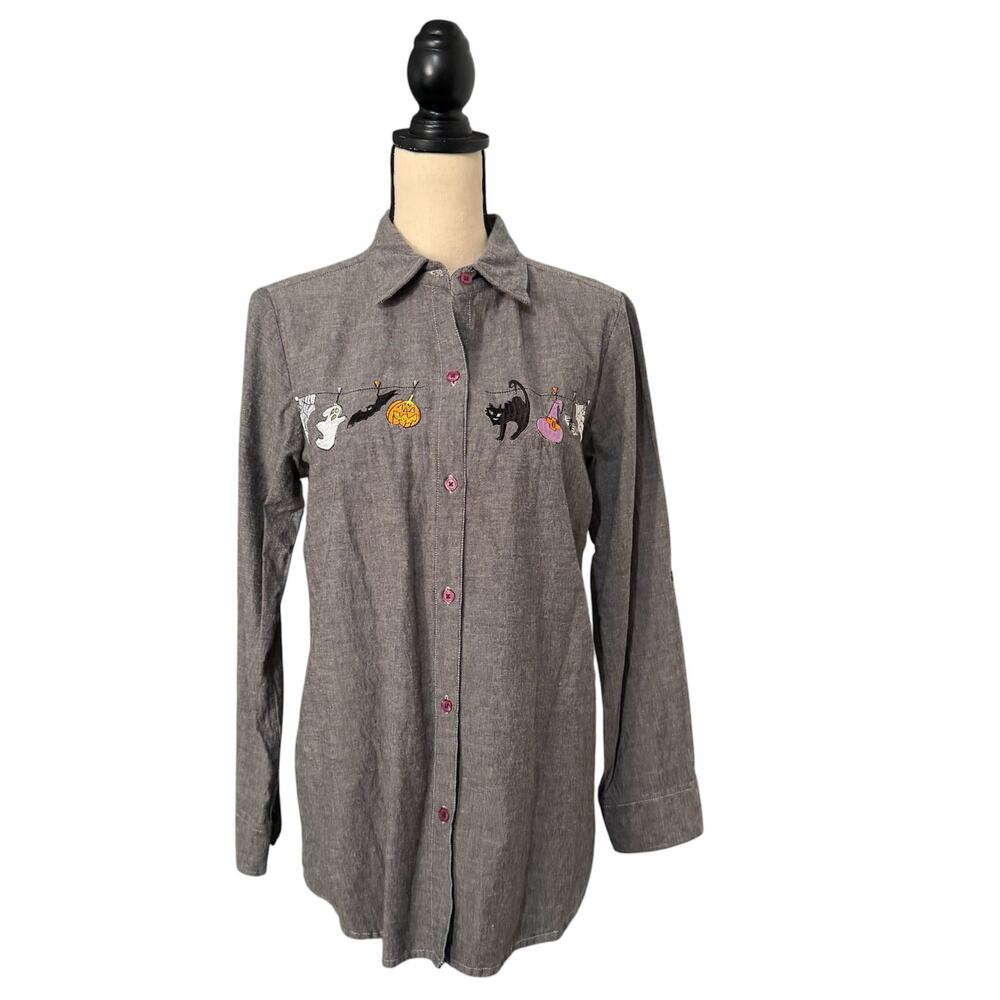 Country Store Womens Gray 100% Cotton Embroidered Halloween Button Down Top Sz M - Picture 2 of 4